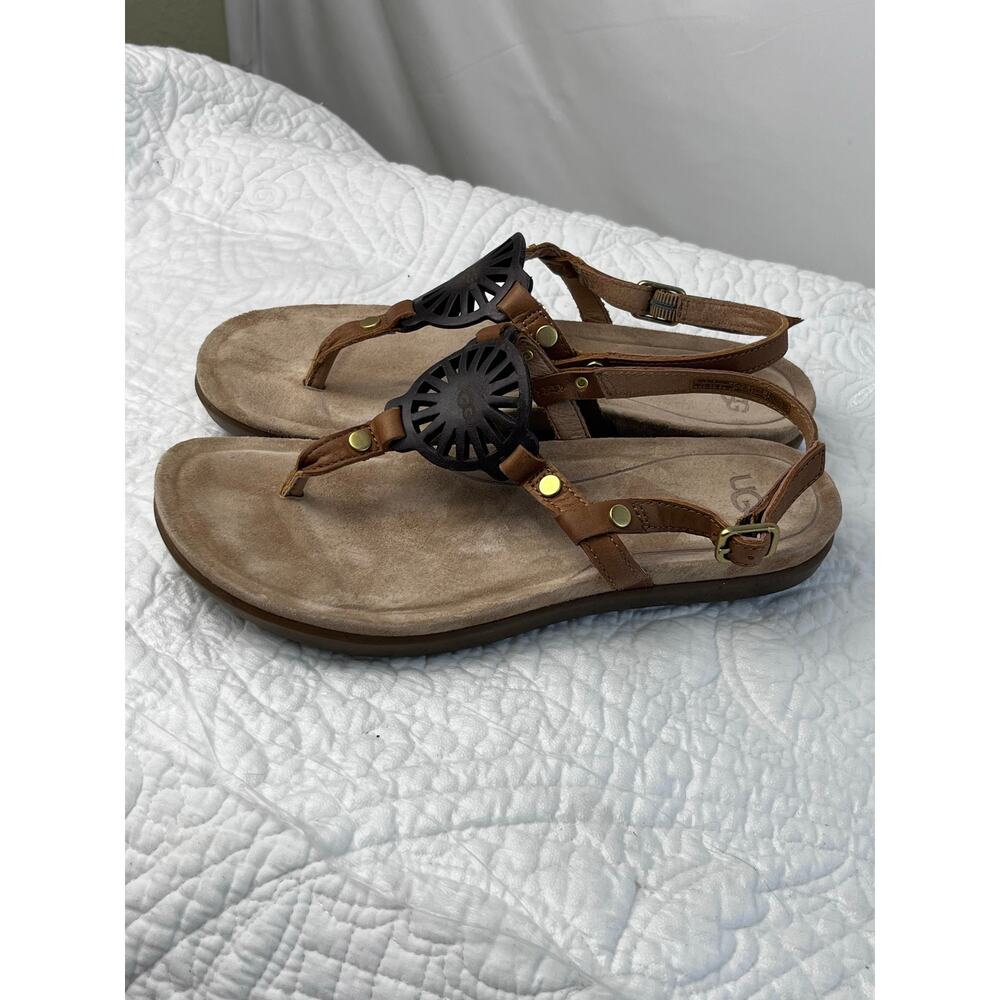 Ugg Women's Tan Leather Strap Flat Vacation Summer Sandals - Size 7 - Picture 10 of 10